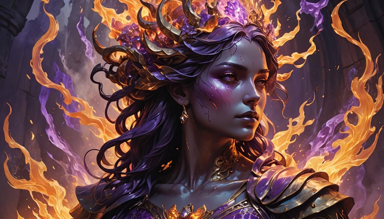 Neon Flames Surround Mythological Stone Statue