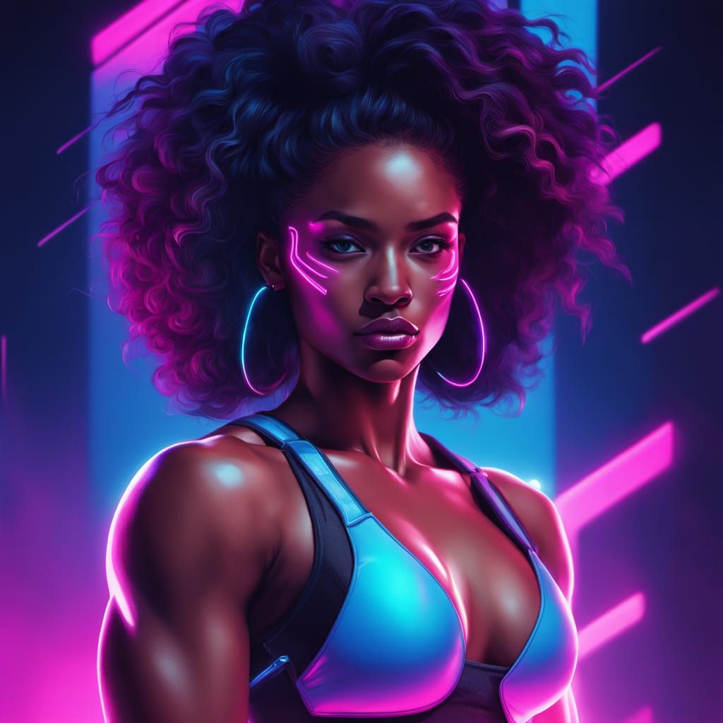 Confident Woman in Synthwave Neon Weightlifting Competition