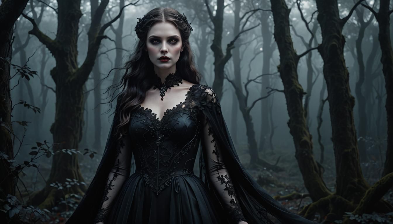 Vampire Goddess in Misty Forest: Hyperrealistic Digital Art