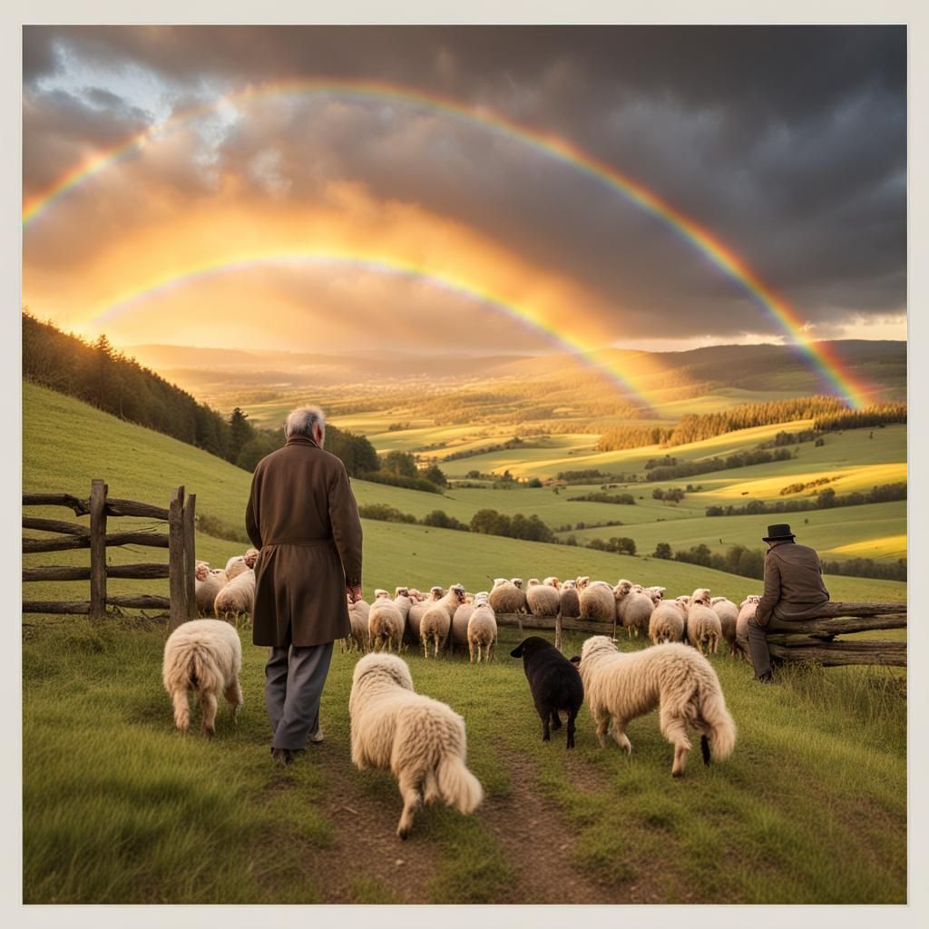 Sunset Valley Farm Scene with Border Collie