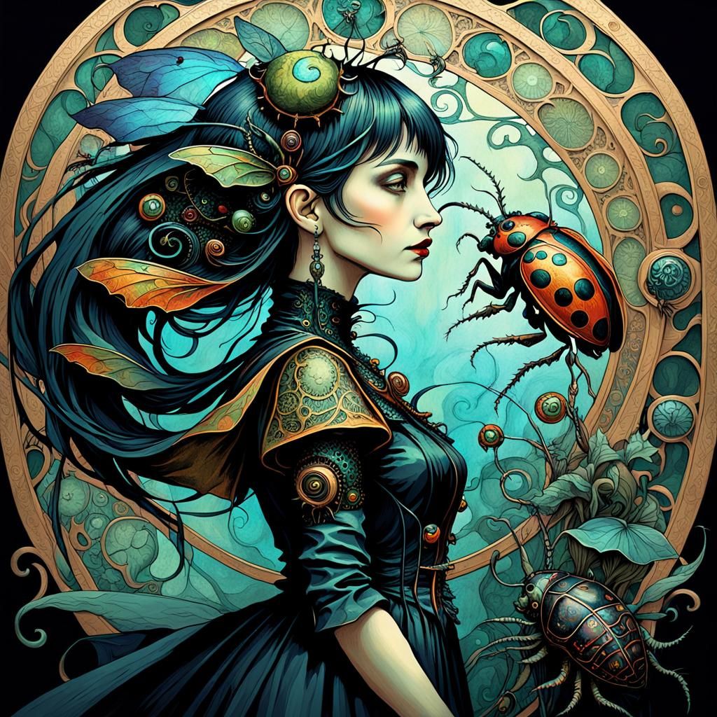 Emo Witch and Beetle Familiar in Art Nouveau Style