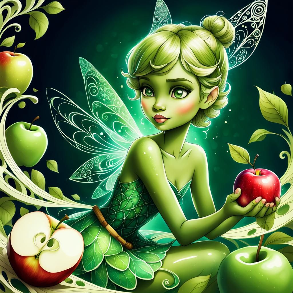 Tinkerbell Eating Apple Zentangle Style Digital Art
