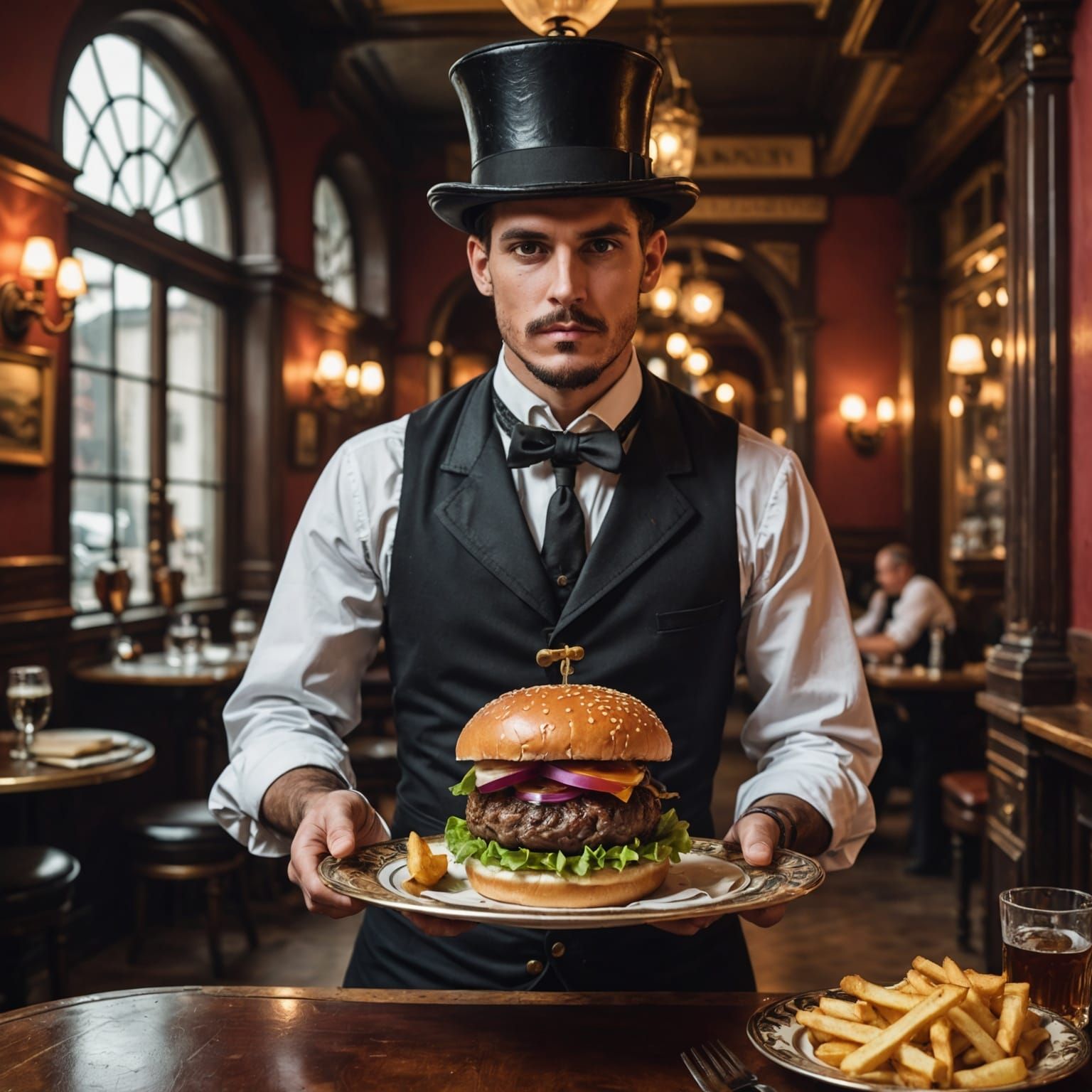 Steampunk Hamburger in Victorian Restaurant