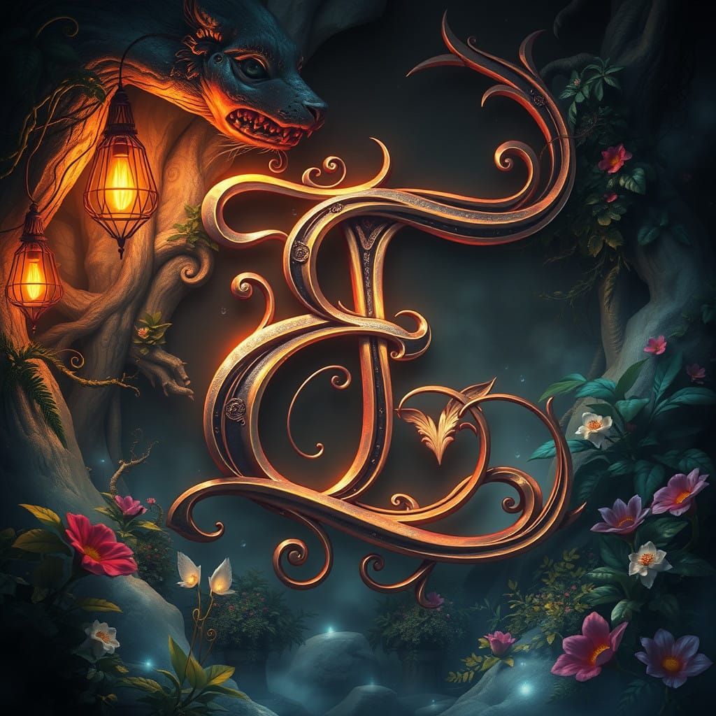 Elegant, Cursive Script Letter E in Dreamlike Environment