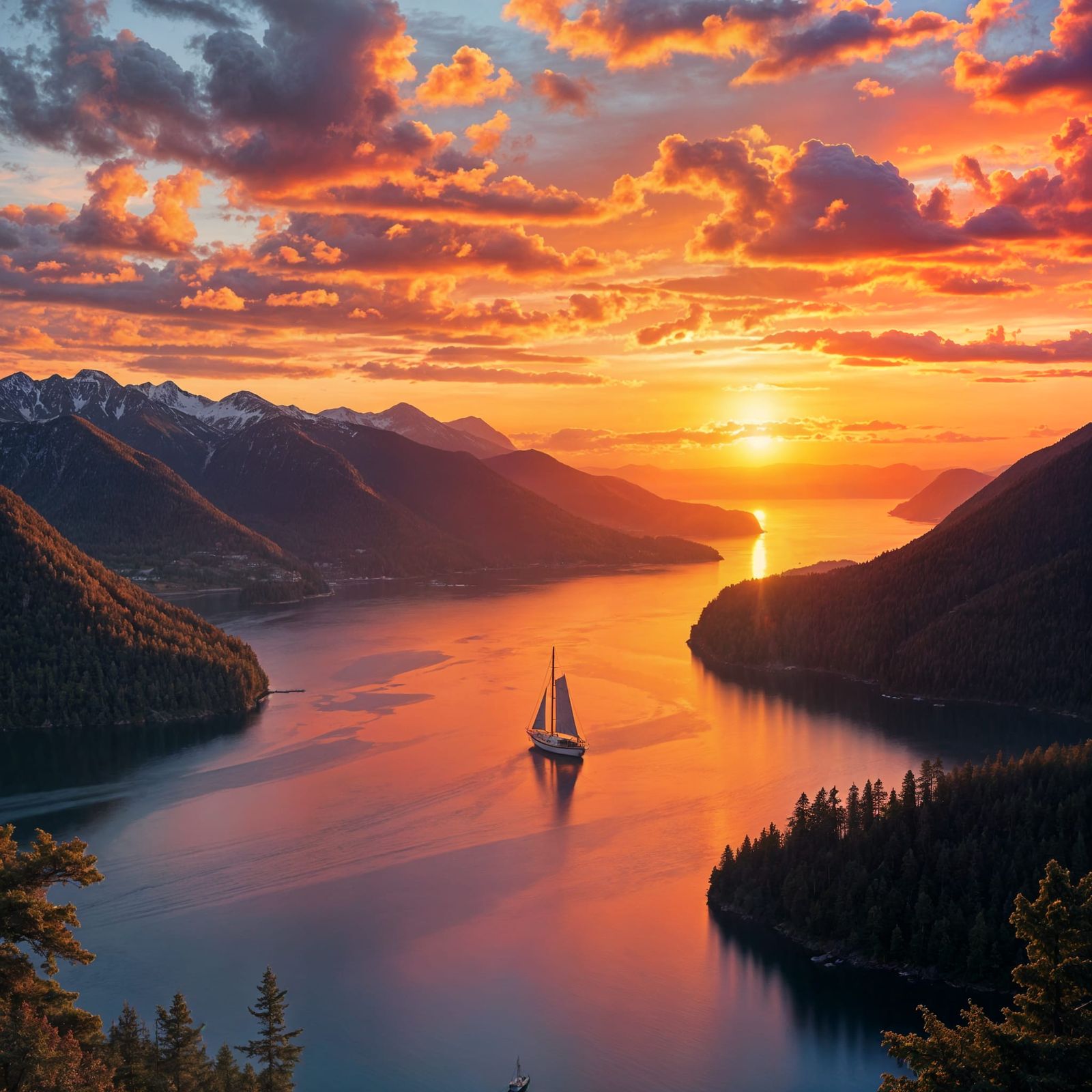 Aerial view of the fjord at sunset