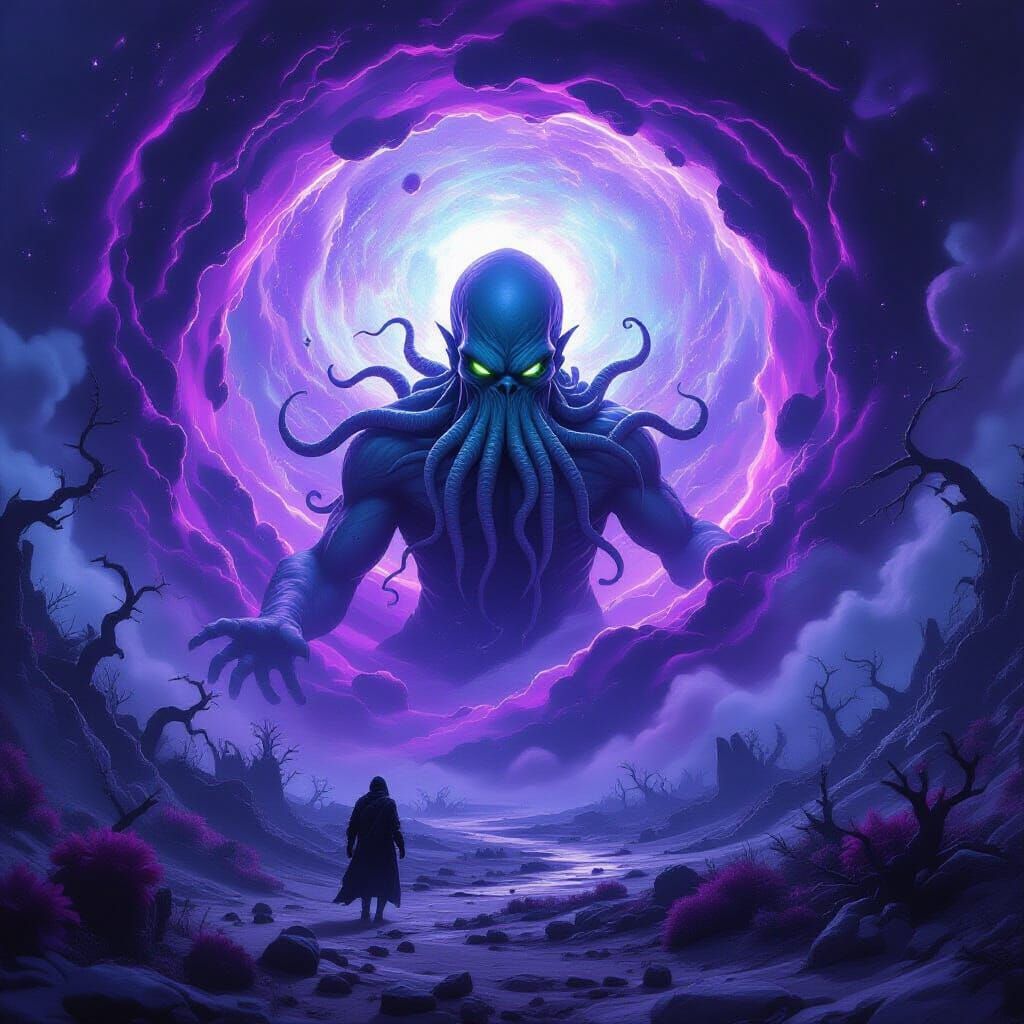 Cthulhu Emerges from Cosmic Vortex in Alien Landscape