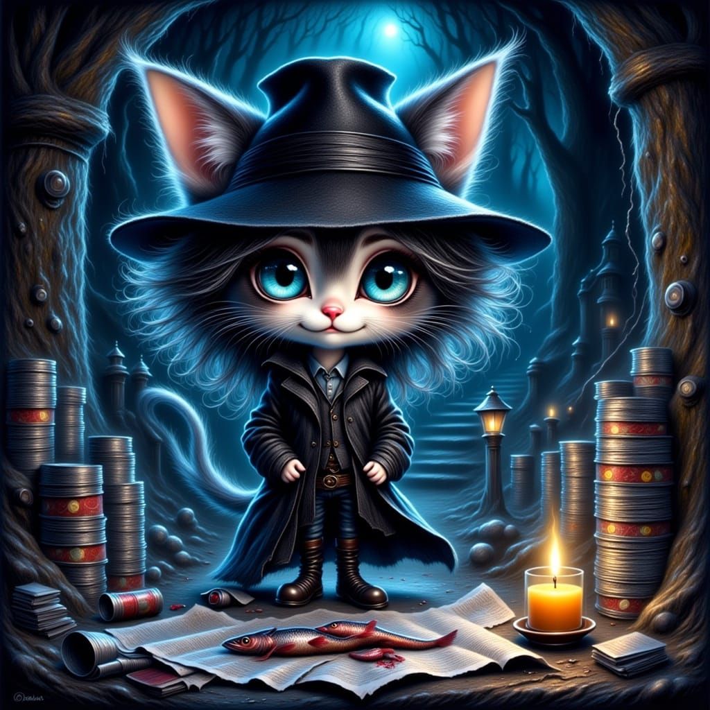 cat detective wearing a trench coat and fedora, investigatin...