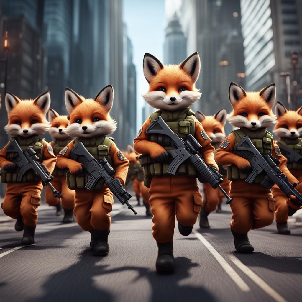 Fox Cubs Army Marching Through City in Matte Painting