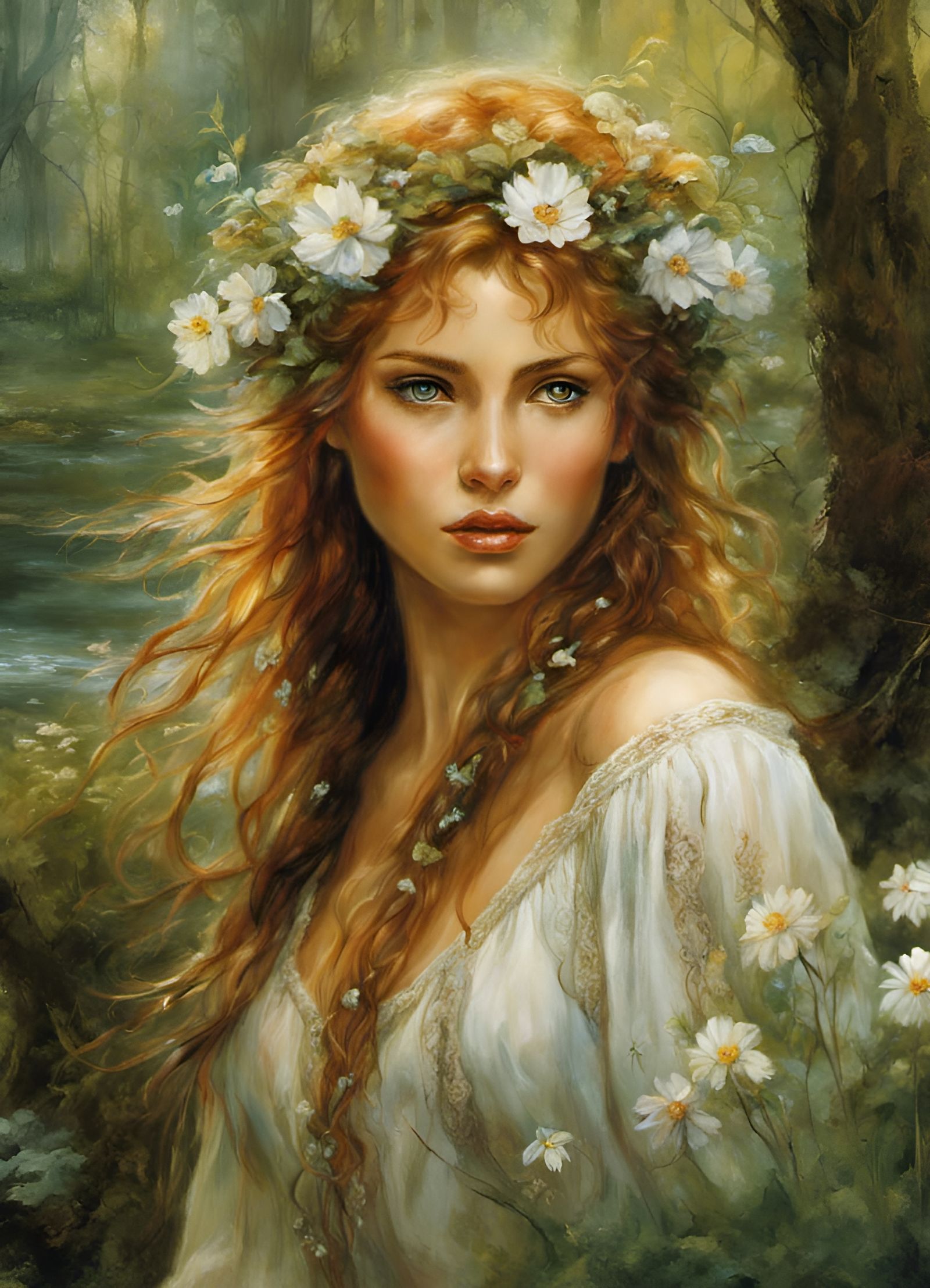 Freckled Peasant Girl Frolicking in Forest Lake