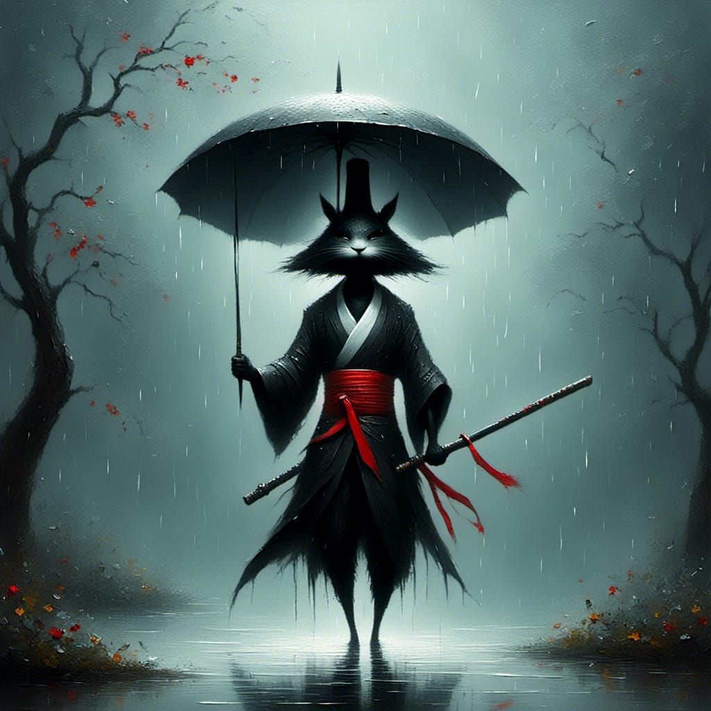 Samurai in Rain: Evocative Cinematic Scene