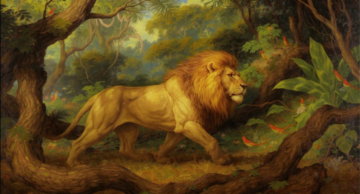 Old World Master’s painting of a lion in the jungle.