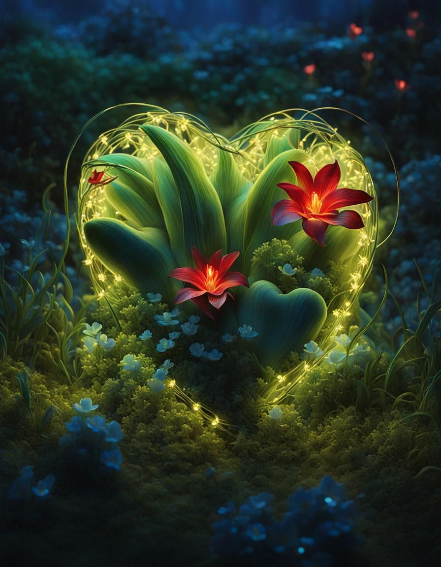 Heart-Shaped Flowers Lit by LEDs: Conceptual 3D Art
