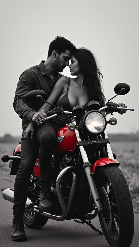 Couples Embrace on Motorcycle: Erotic Art in Black and White