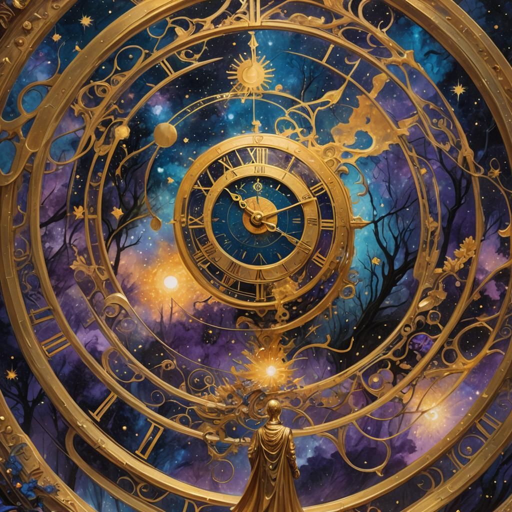 Golden Clock Encircled by Cosmic Forest, Oil Painting