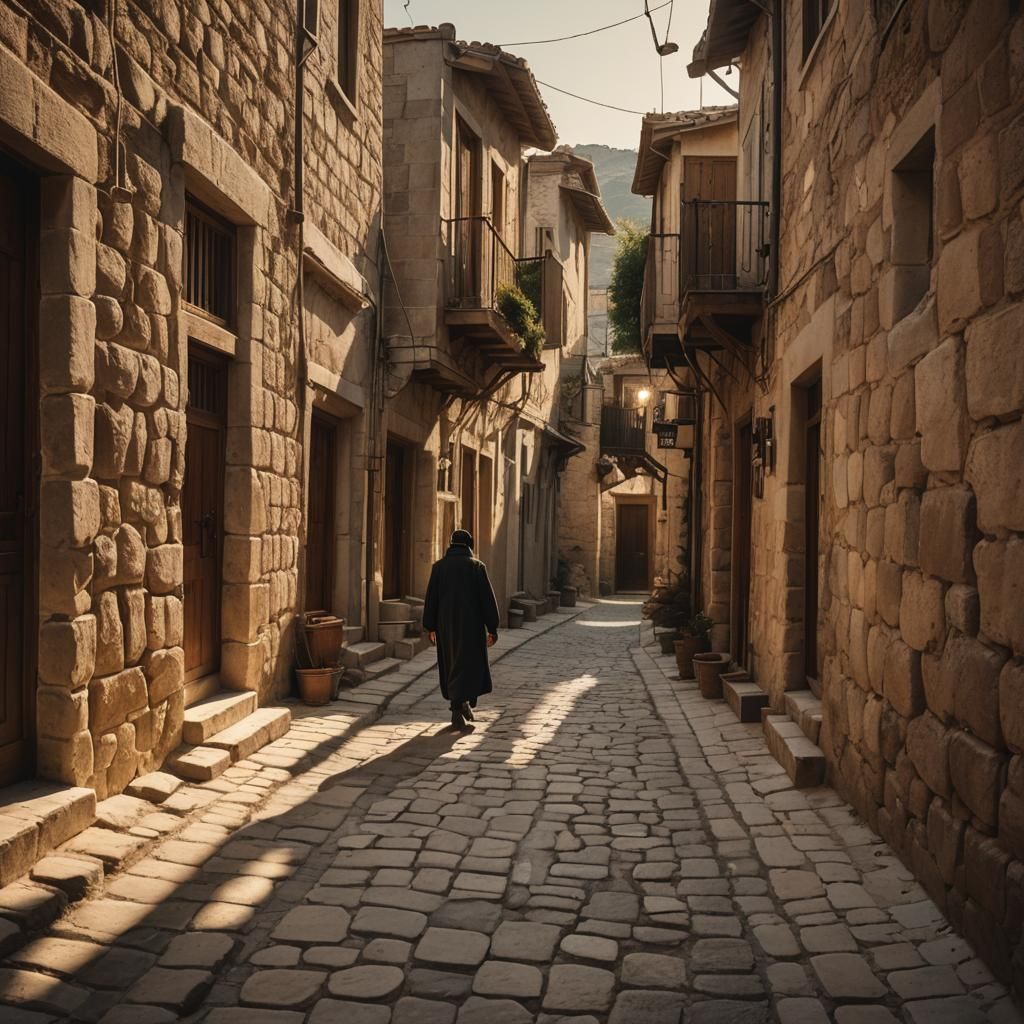 Turkish Village Morning: Cinematic Shadow Figure