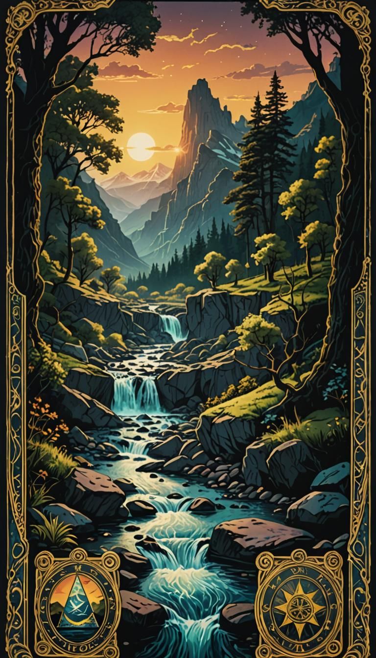 Tarot card River of life, Cinematic film still, shot on v-raptor XL, film grain, vignette, color graded, post-processed,...