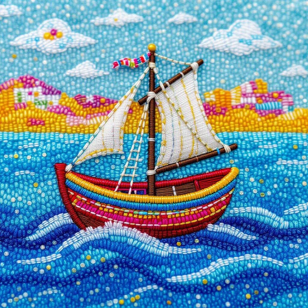 Whimsical Embroidered Boat on Sparkling Sea