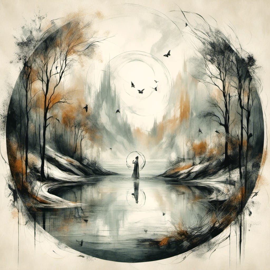 Fairies Dancing Above Lake in Marble Art Style