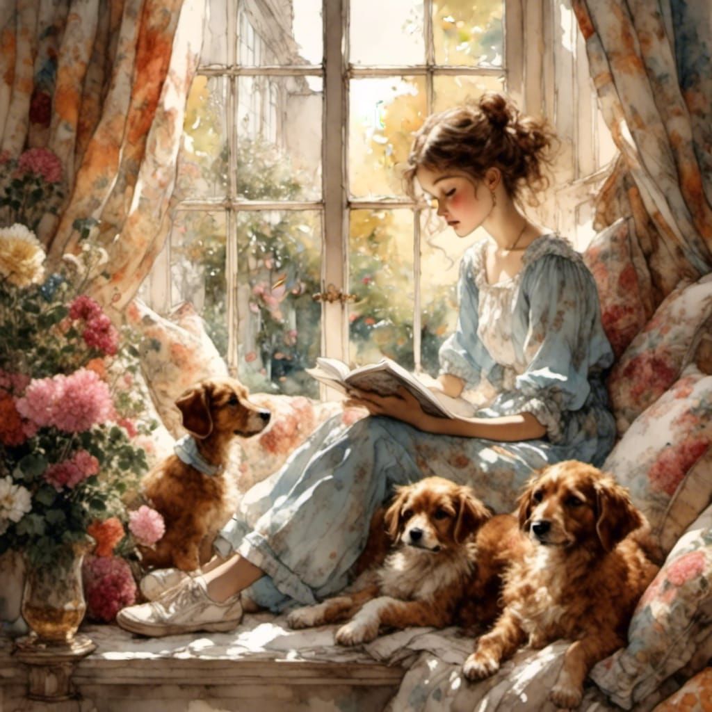 Young Reader in Window Nook with Puppy