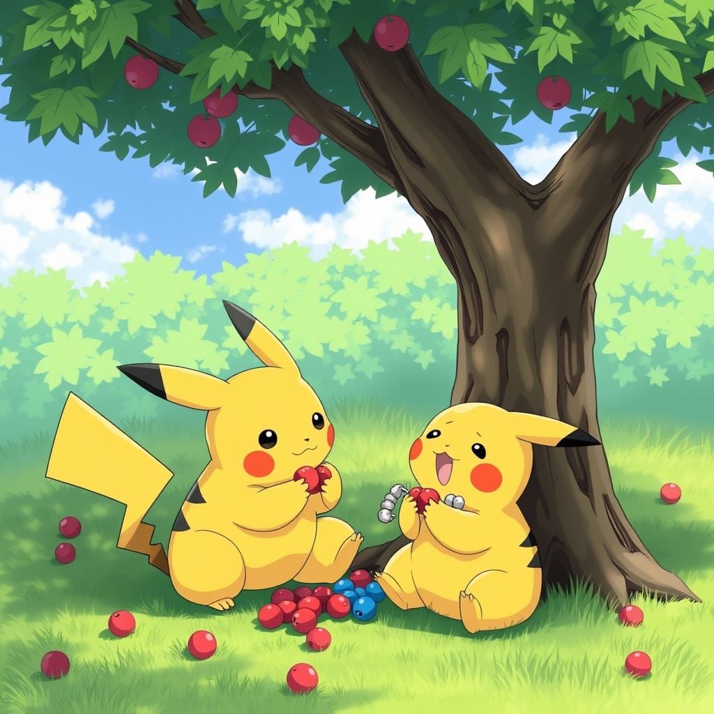 Vibrant Anime Scene with Pikachu and Snorlax Enjoying Berrie...