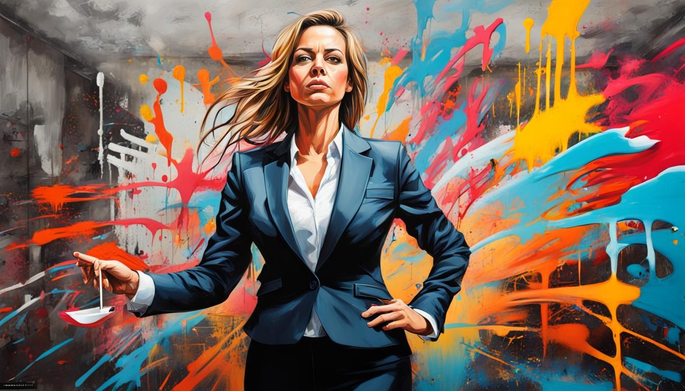 Business Woman in Boardroom as Graffiti Art