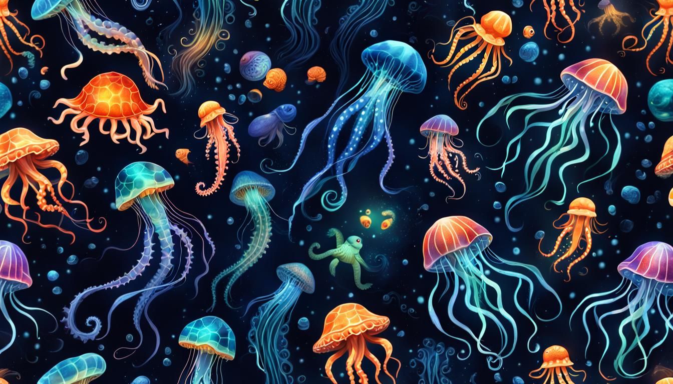 Bioluminescent Deep Ocean Creatures Seamless Pattern