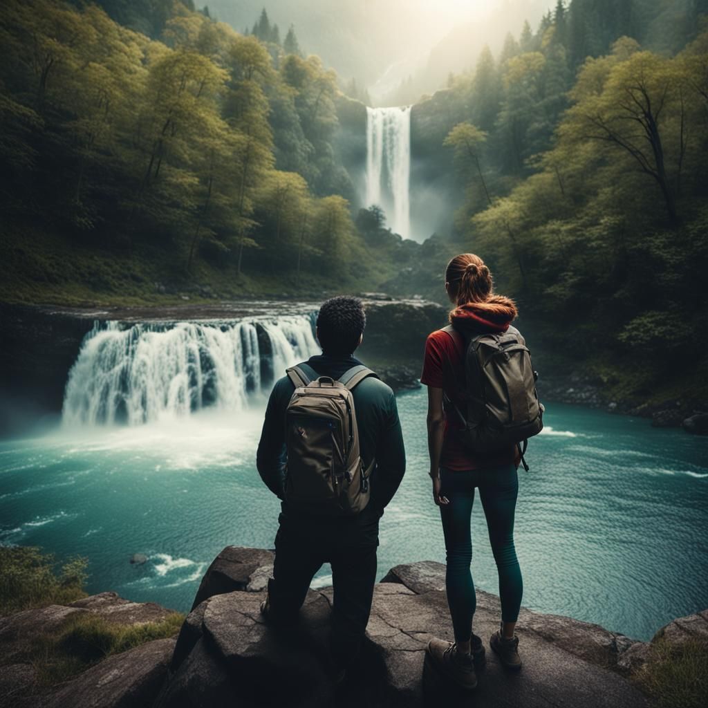 Cinematic Waterfall Scene with Couple in Silhouette