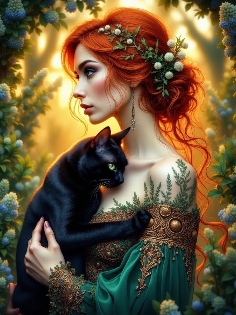 Red-Haired Woman with Black Cat in Art Nouveau Style