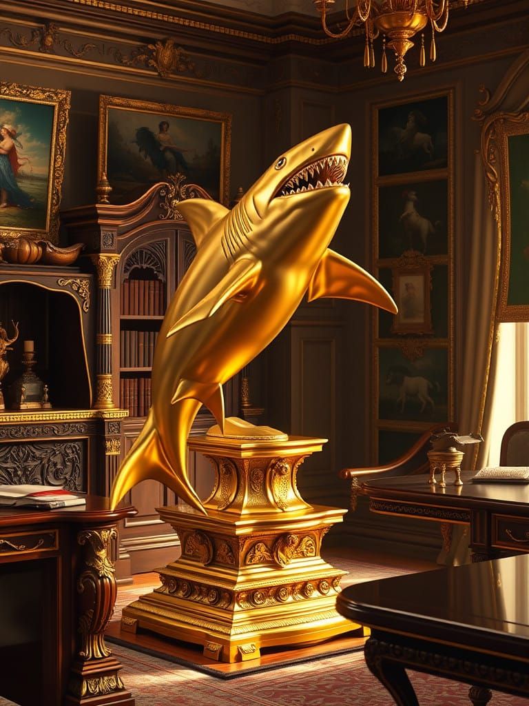 Golden Regal Shark Statue in Luxurious Fantasy Setting