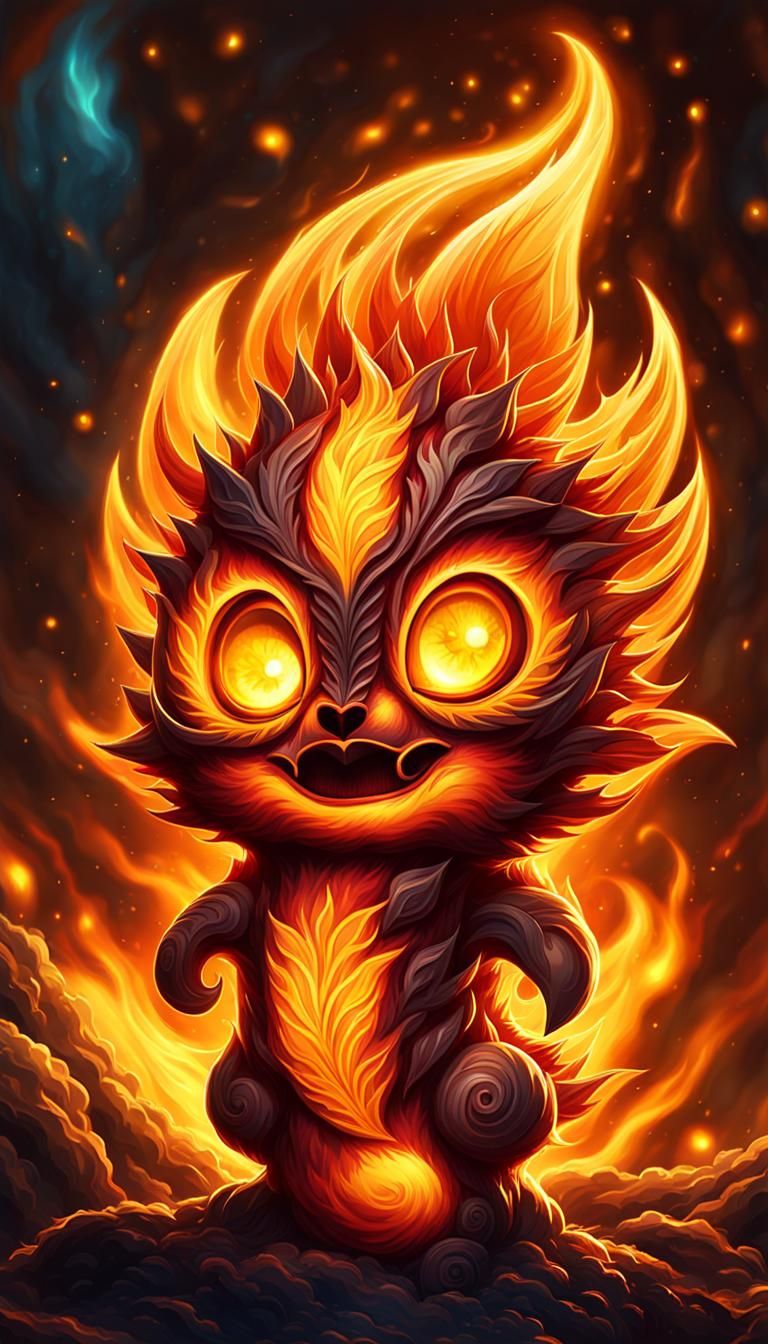 Adorable Fire Spirit in a Fantasy Landscape