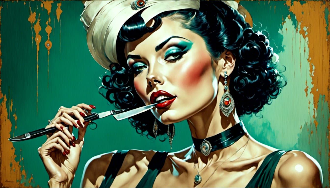 Three-Eyed Woman Licking Razor in Retro Style