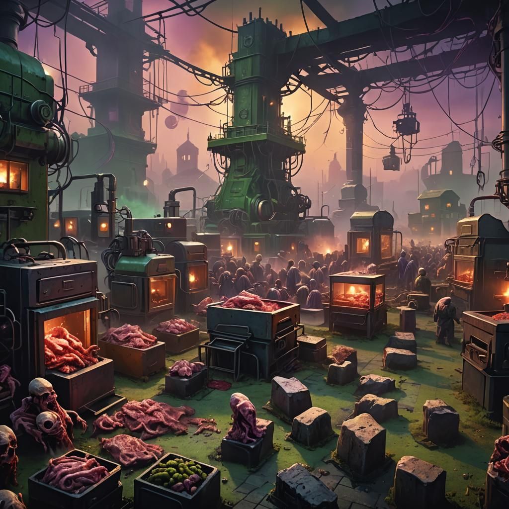 Graveyard Invasion of Baloney Factory: Dark Fantasy Art