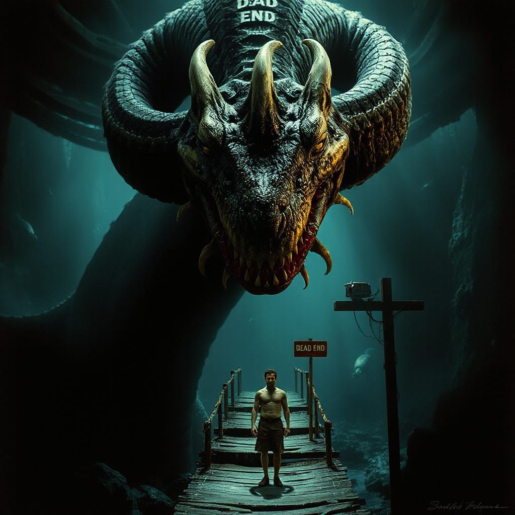 Terrifying Serpentine Creature on Underwater Bridge