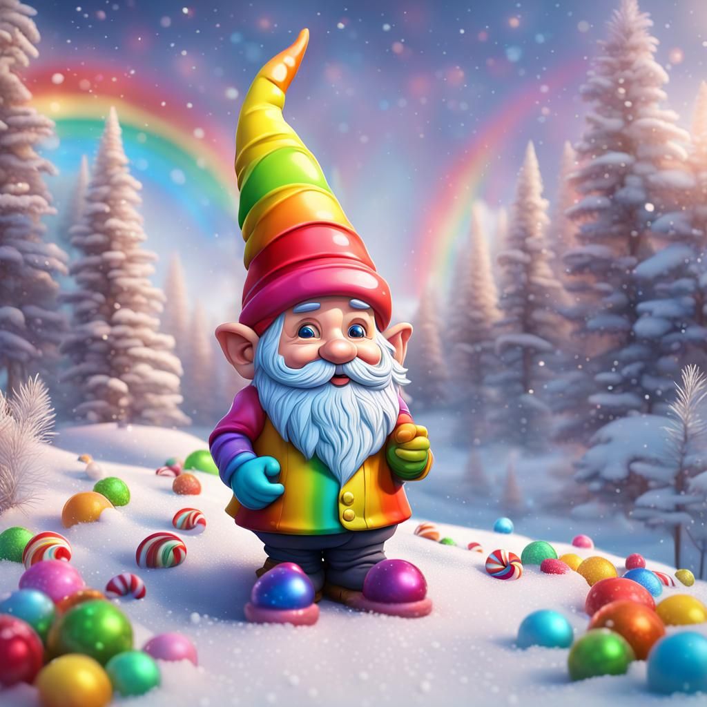 Rainbow Gnome in Winter Candyland: Digital Illustration