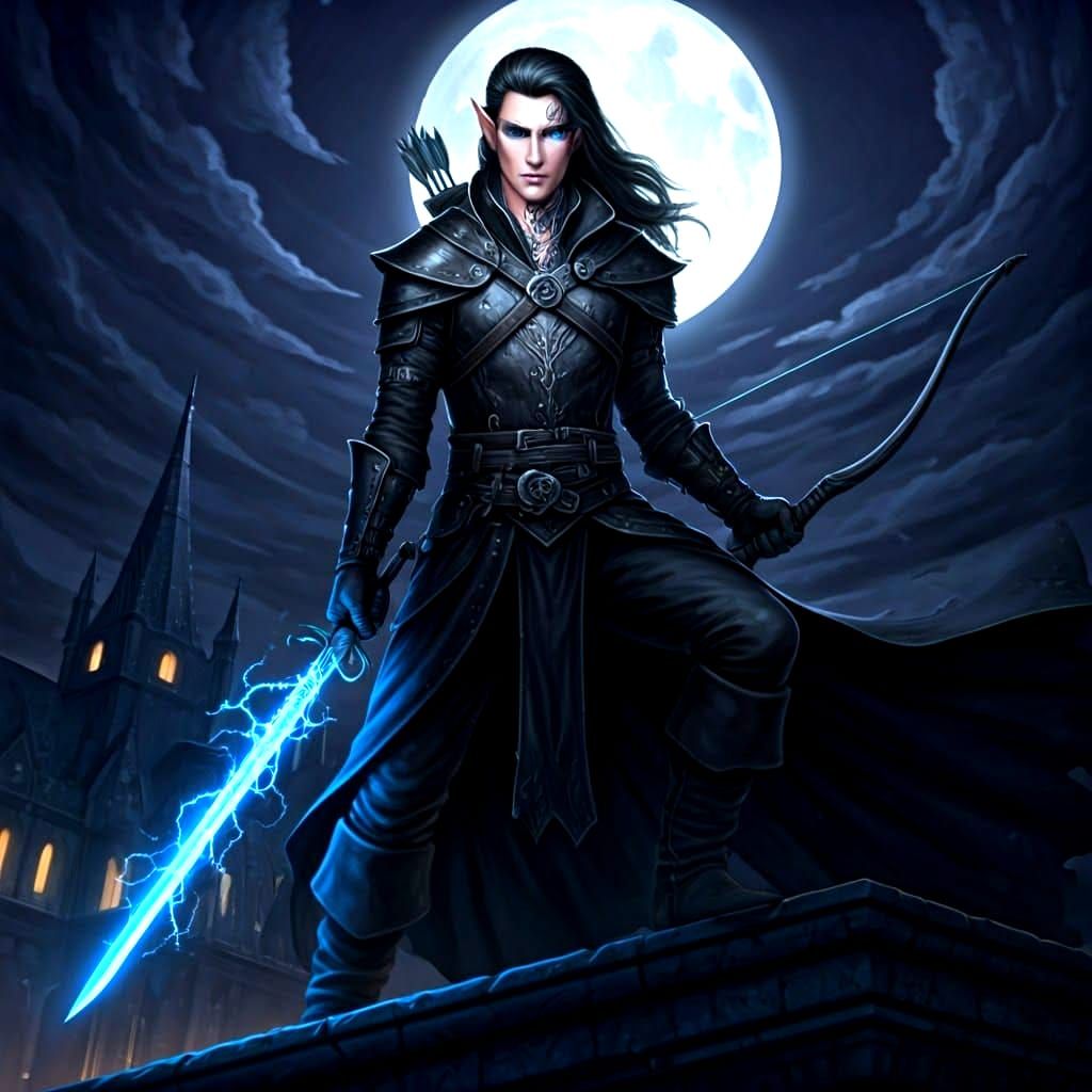 Half-Elf Rogue on Rooftop with Lightning Sword