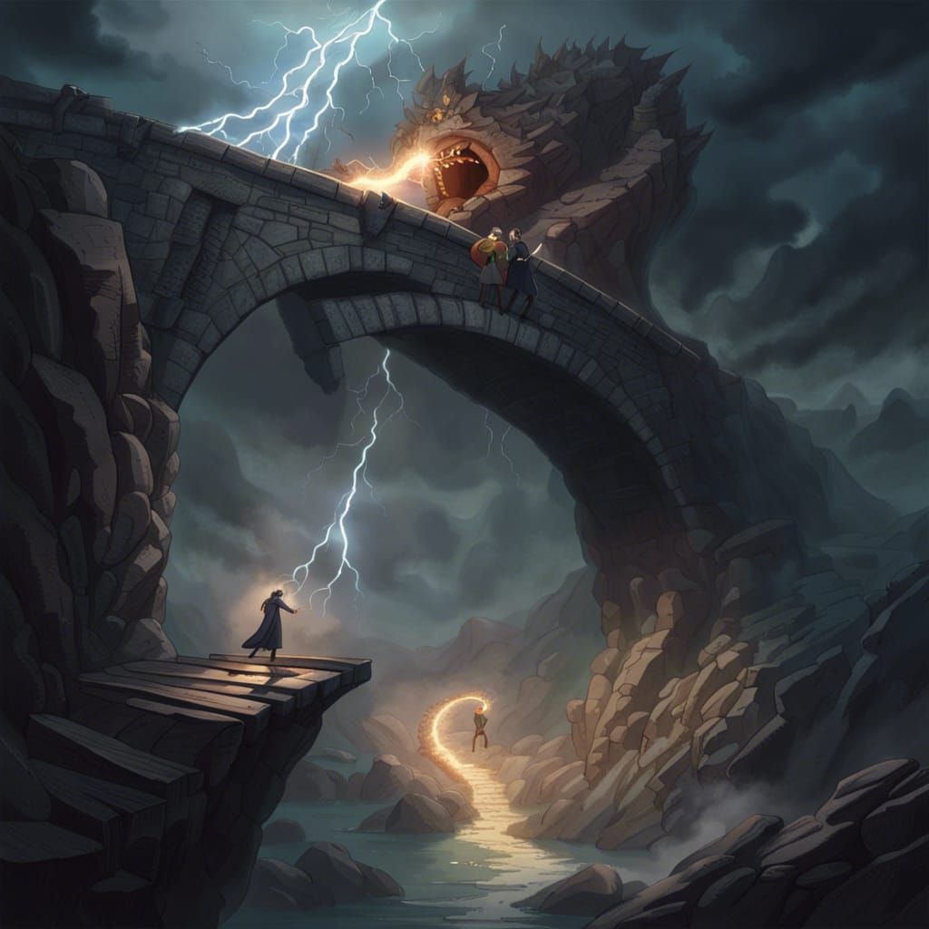 Epic Battle on Stone Bridge in Dark Fantasy Style
