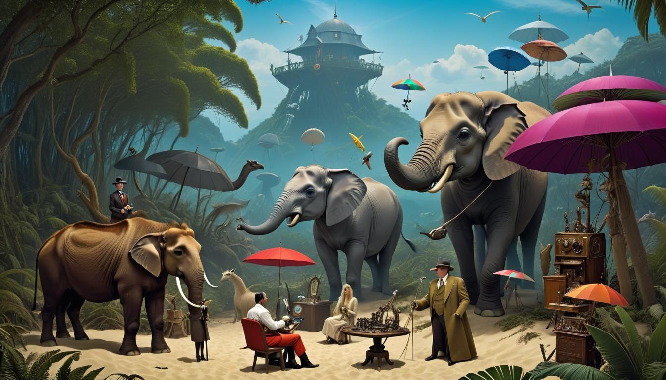 Surreal Beach Conference with Cryptids and Dali Llamas