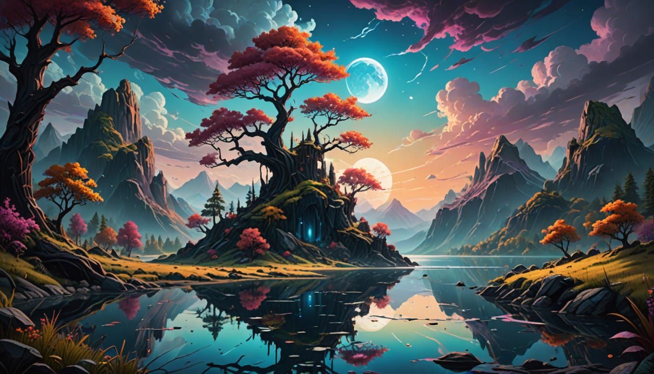 Surreal Lake Scene with Twisted Branches in Psychedelic Oil ...