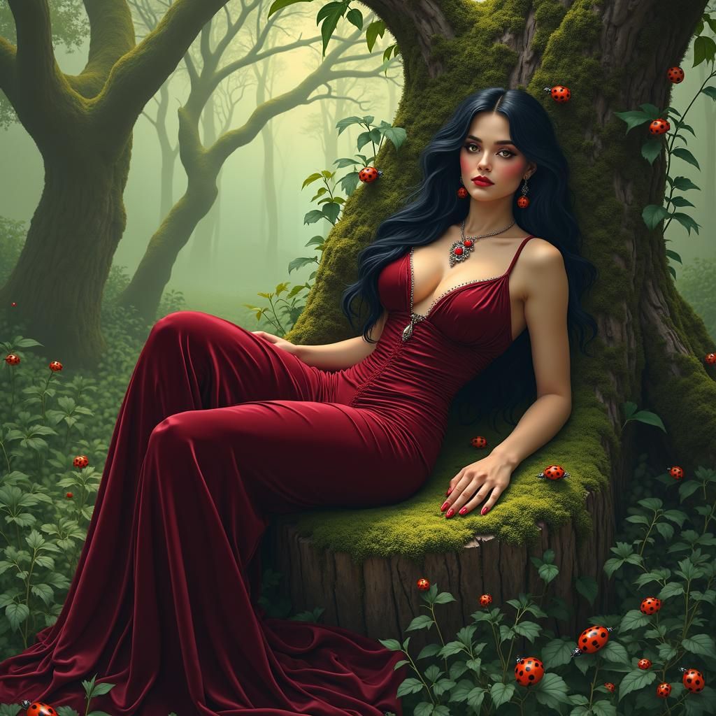 Voluptuous Sorceress in Mystical Garden, Sensual Realism