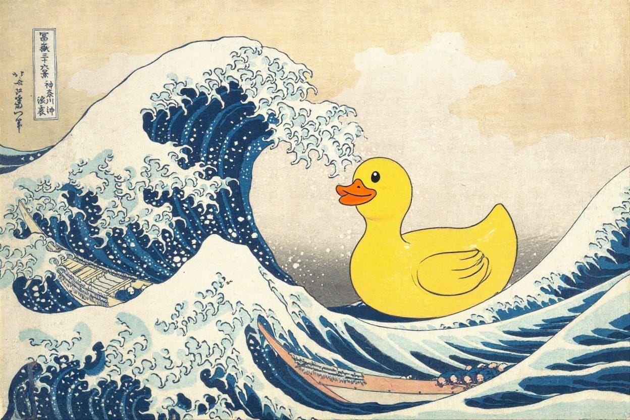 Giant Yellow Rubber Duckie on a Wave at Kanagawa