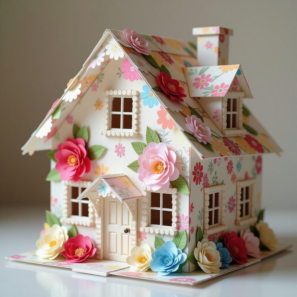 Colorful Paper House with Flowers and Intricate Textures