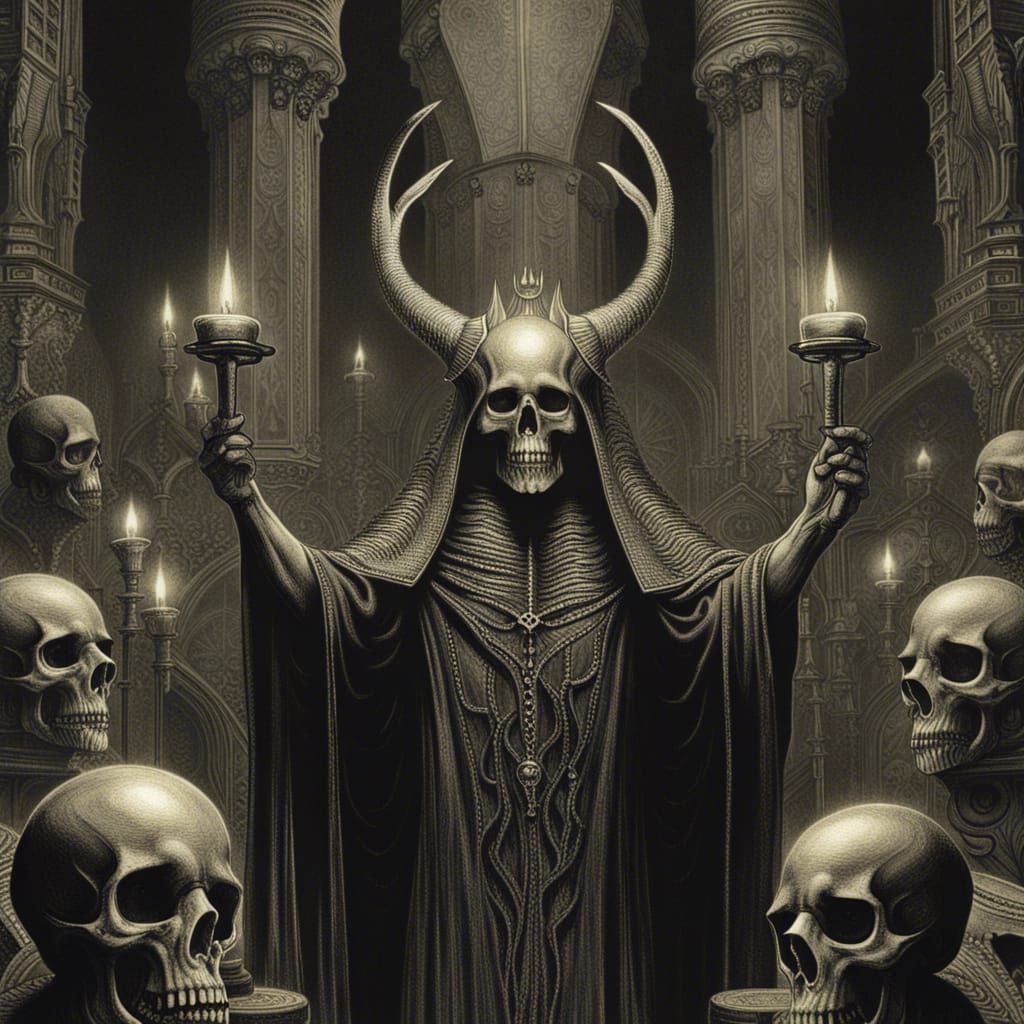 Evil Priest with Horned Skull at Altar