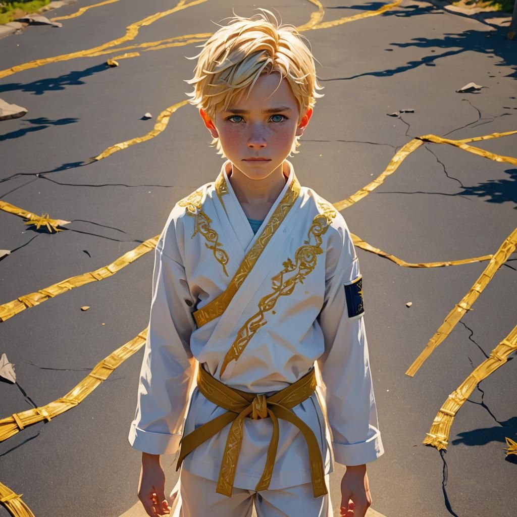 Boy in Gi: Low-Poly Digital Art with Golden Threads