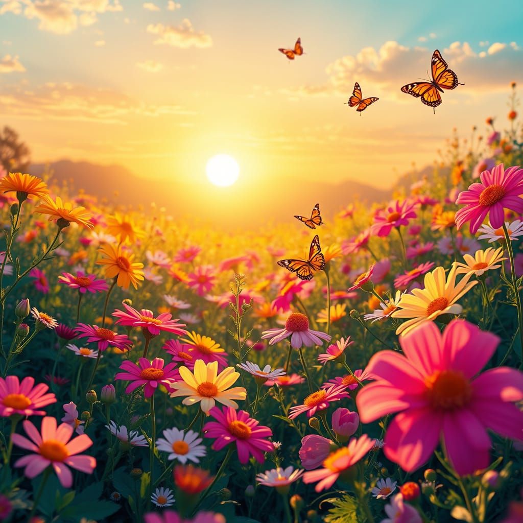 Vibrant Sunrise Meadow in Whimsical Hyperrealism