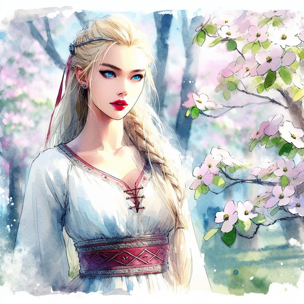 Norse Goddess of Love in a Serene Floral Setting