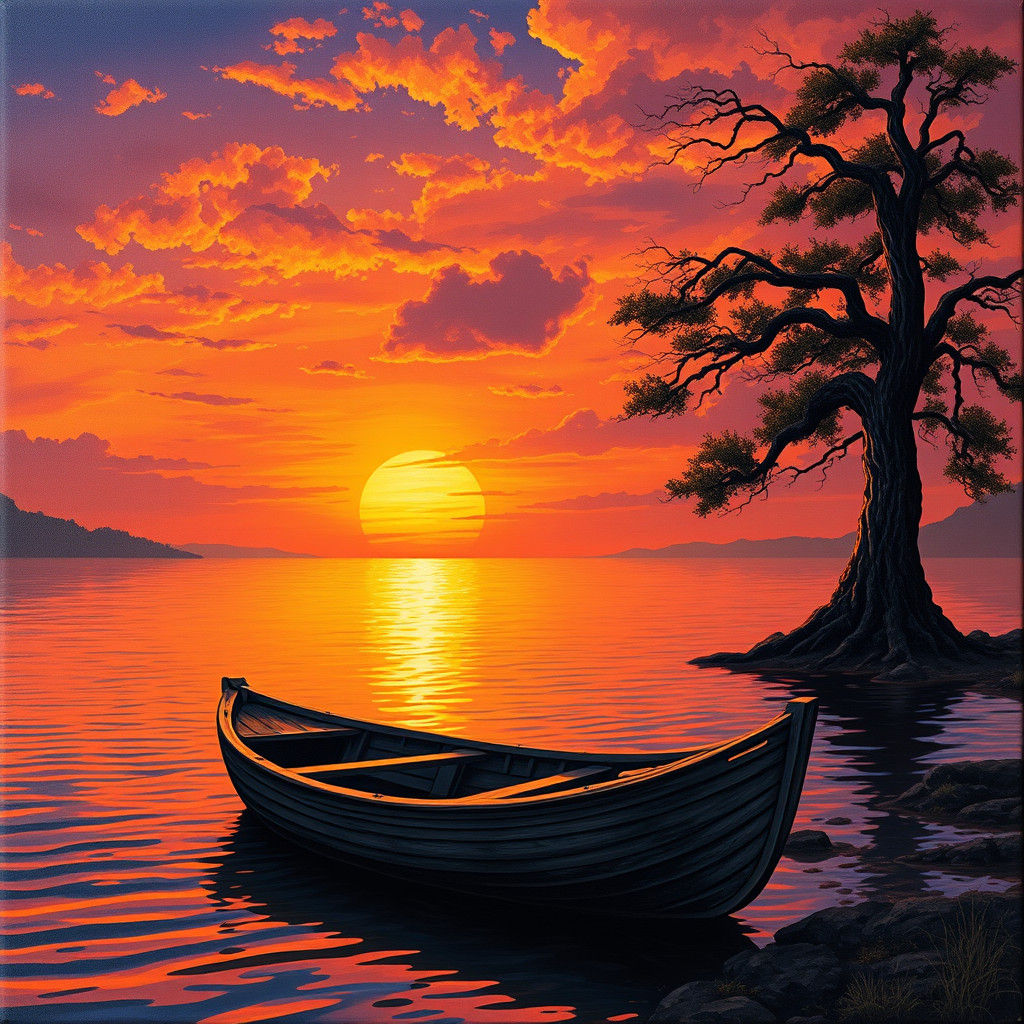 Lakeside Sunset with Boat in Impressionistic Style