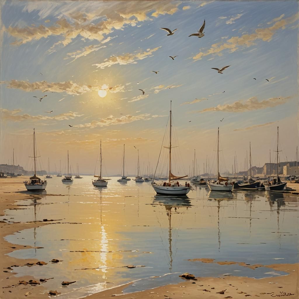 Impressionist Seascape with Sailboat in Harbor