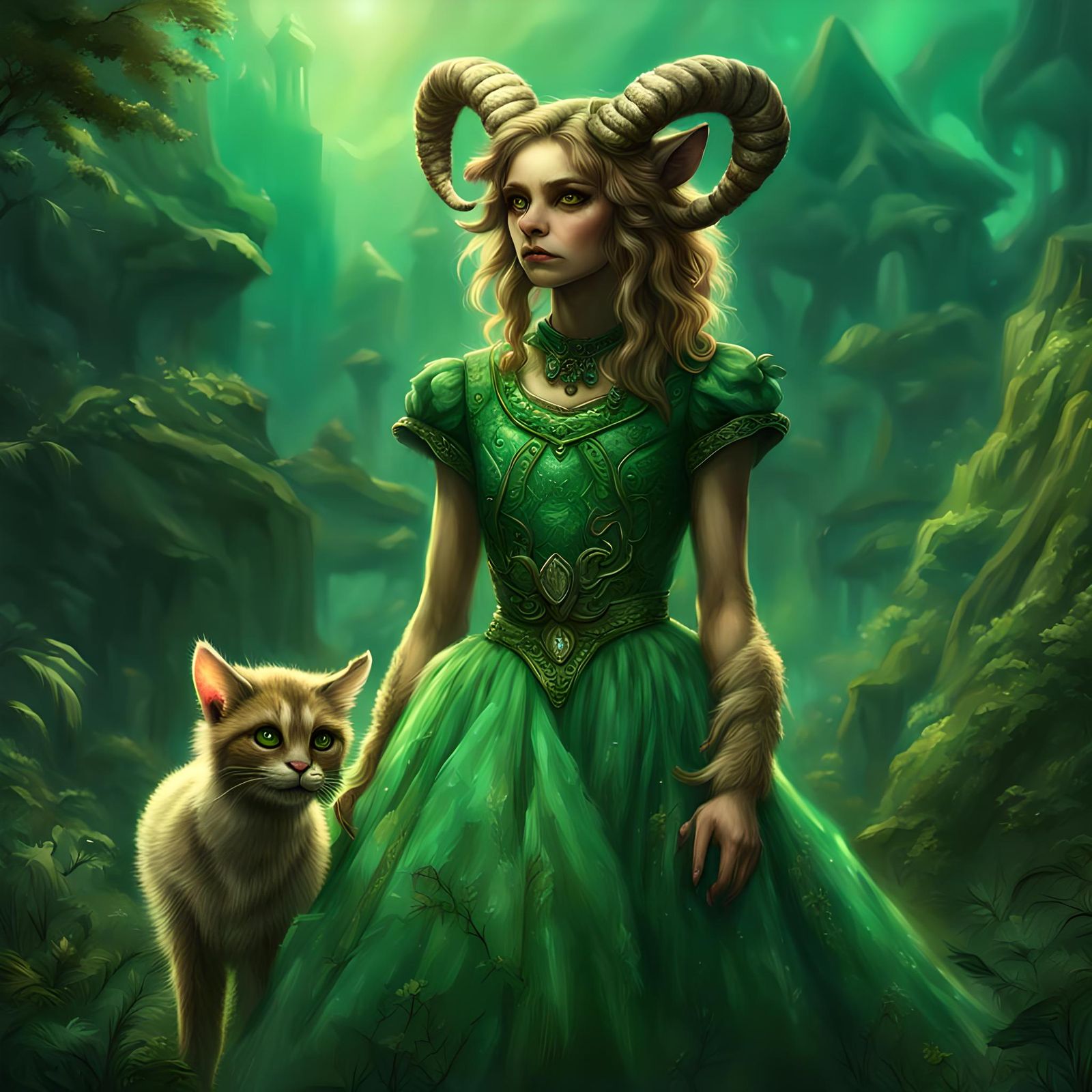 Furry Feline Faun Girl in Green Dress