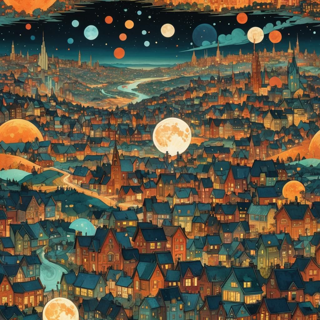 Giant Super Moon Over Lit Cityscape