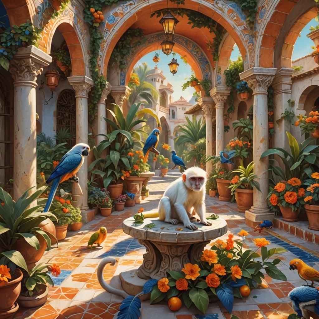 Spanish Patio with Monkey and Parrots: Oil Painting